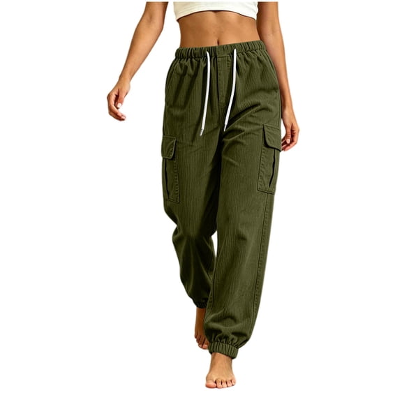 Uaswgudfs Women's Casual Corduroy Jogger Pants High Waist Elastic Drawstring Loose Fit Cargo Pants with Pockets Cuffed Ankle Trousers for Daily Lounge