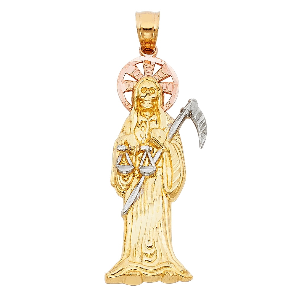 FB Jewels 14K Yellow or White Yellow And Rose Tri Color Gold Santa Muerte Death Saint Pendant 