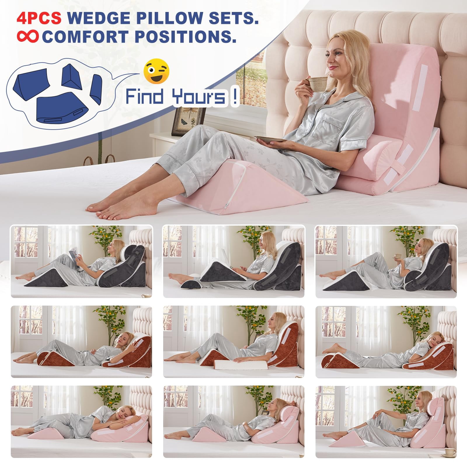 4pcs Bed Wedge Pillow Set For - Adjustable Memory Foam Support Pillows Back/leg/shoulder  Acid Reflux & Anti Sleeping System Pink