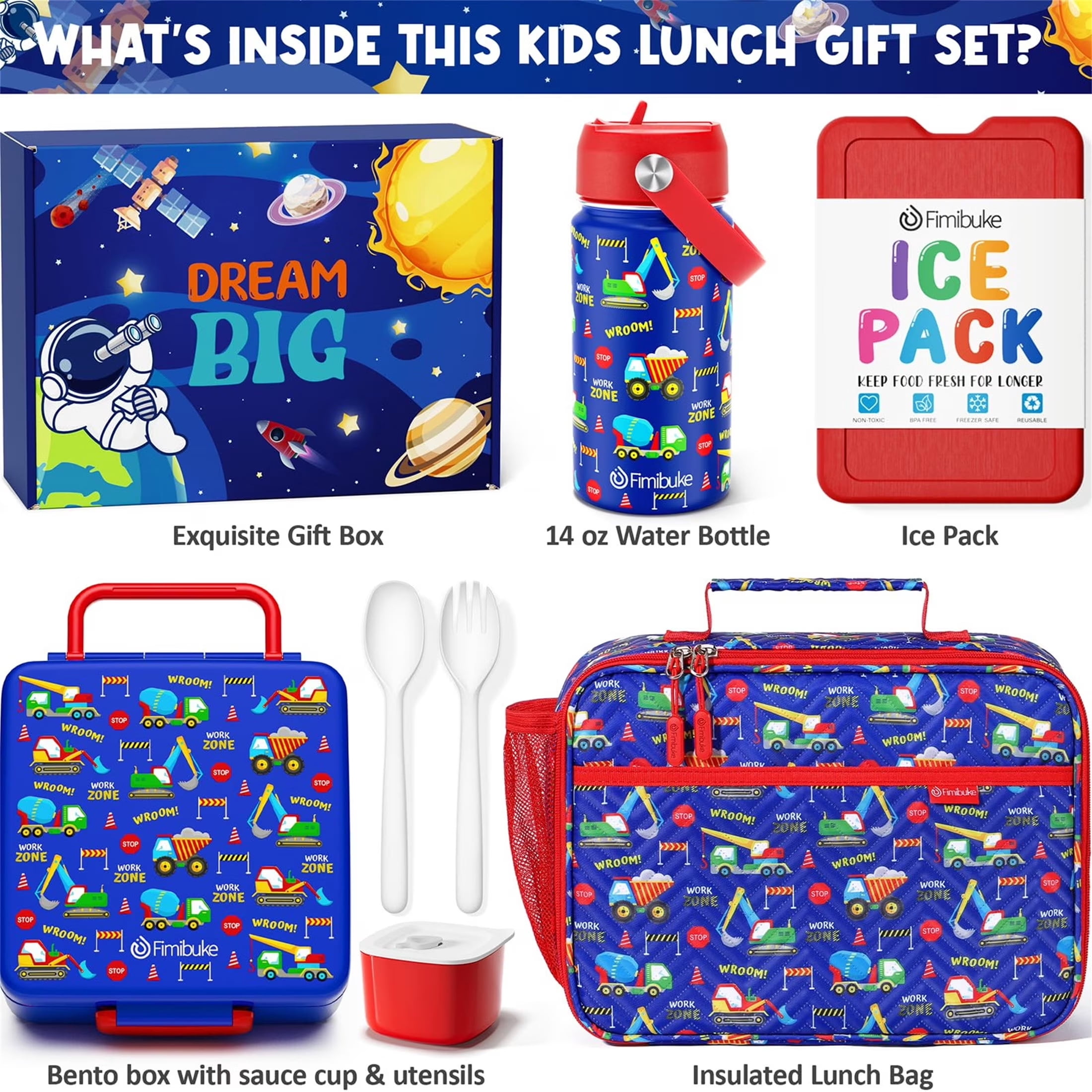 Bento Lunch Box with 4 Compartments, Insulated lunch Bag, 14oz Stainless Steel Water Bottle, Ice Pack, Utensils Set (Construction Trucks)
