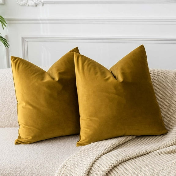 Mustard Yellow Euro Throw Pillow Covers Set of 2 for Living Room Couch Sofa Bedroom Decorative Square Soft Cushion Cases with Zipper