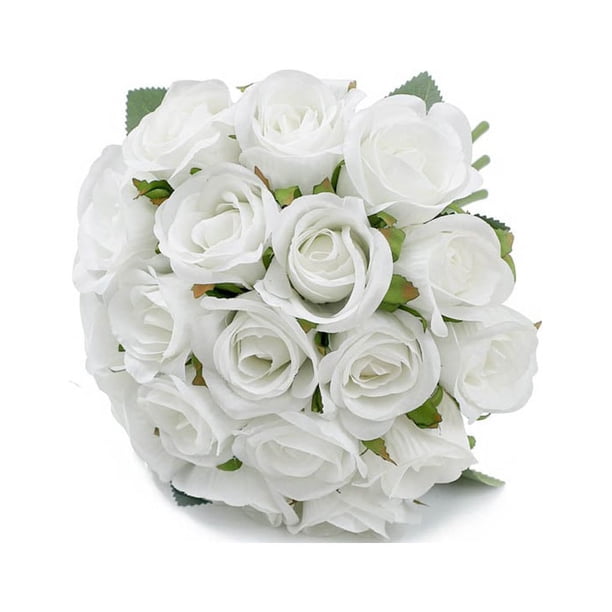 Inteprter Flores artificiales de tela 18 cabezas rosas flor falsa arreglo de ramo de novia para decoraciones de fiesta de boda decoraciones Decoración del hogar Blanco