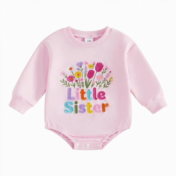 KPOPLK Baby Girl Little Sister Bodysuit Winter Long Sleeve Floral Embroidery Bubble Romper Newborn Family Matching Outfit(Red,3-6 Months)