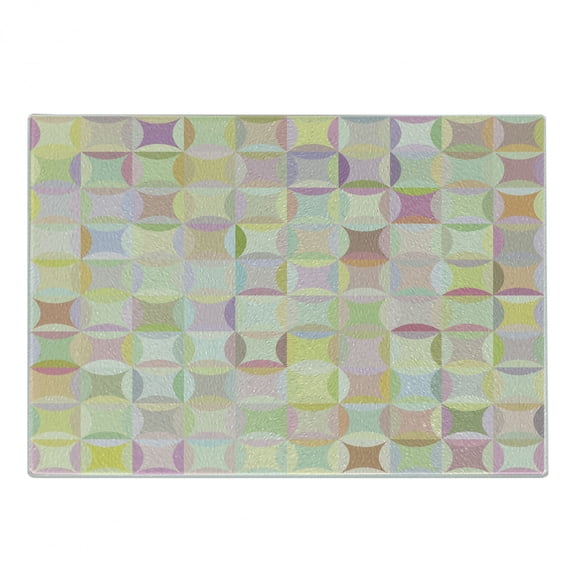 Pastel Cutting Board, Retro Pattern Polka Dots Overlapping Ring Shapes Squares Colorful Funky Print, Decorative Tempered Glass Cutting and Serving Board, Small Size, Multicolor, by Ambesonne