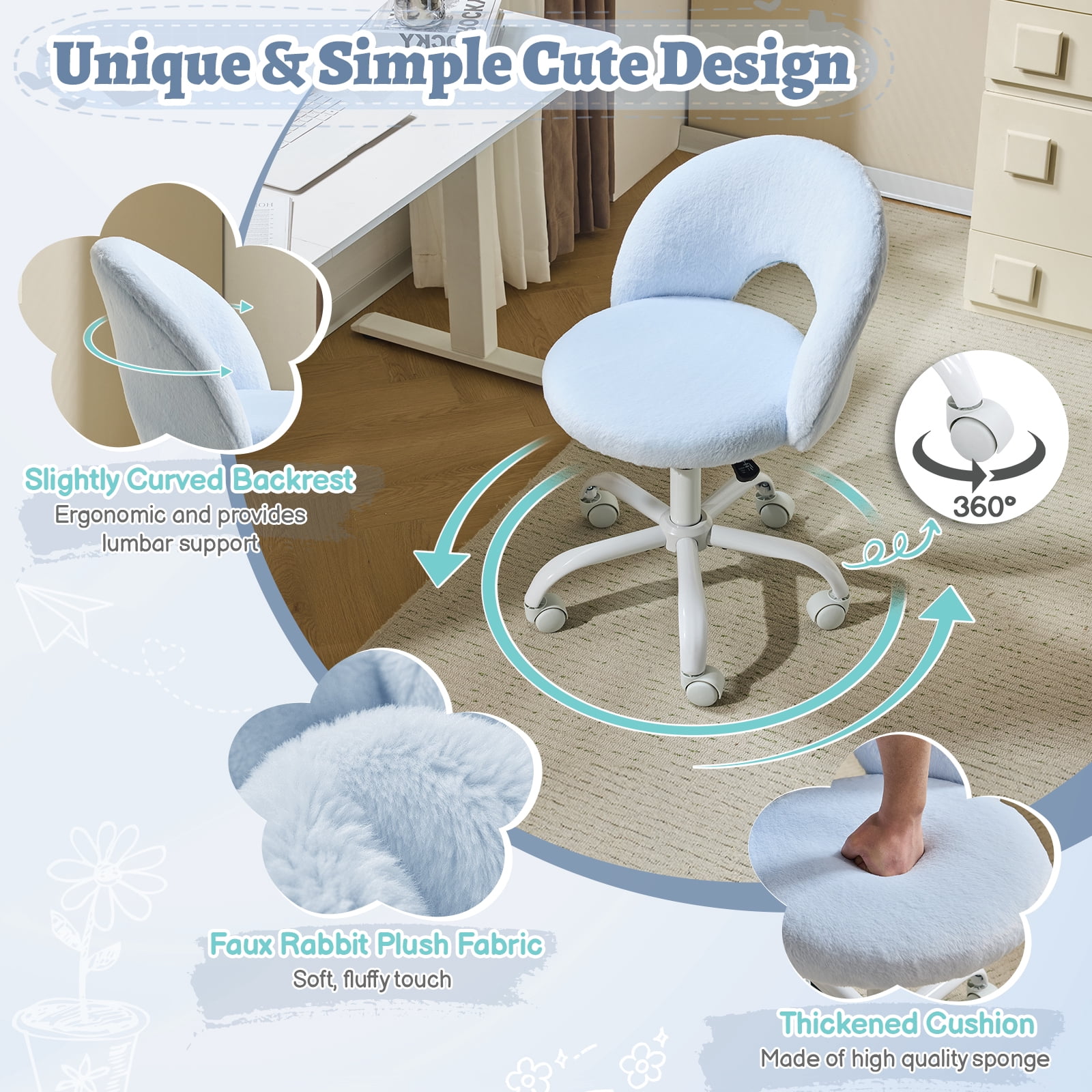 Ktaxon Vanity Makeup Chair Comfy Cute Accent Chair Small Swivel Task Office Chair with Wheels Faux Rabbit Hair Blue