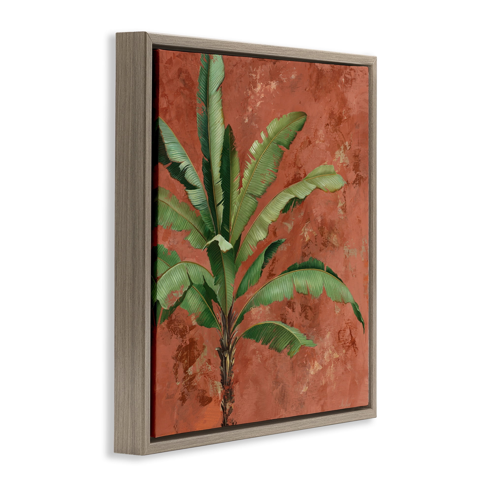 Stupell Industries Palm on Muted Red Botanical & Floral Painting Brown Floater Framed Canvas Art Print Wall Art, 25 x 25