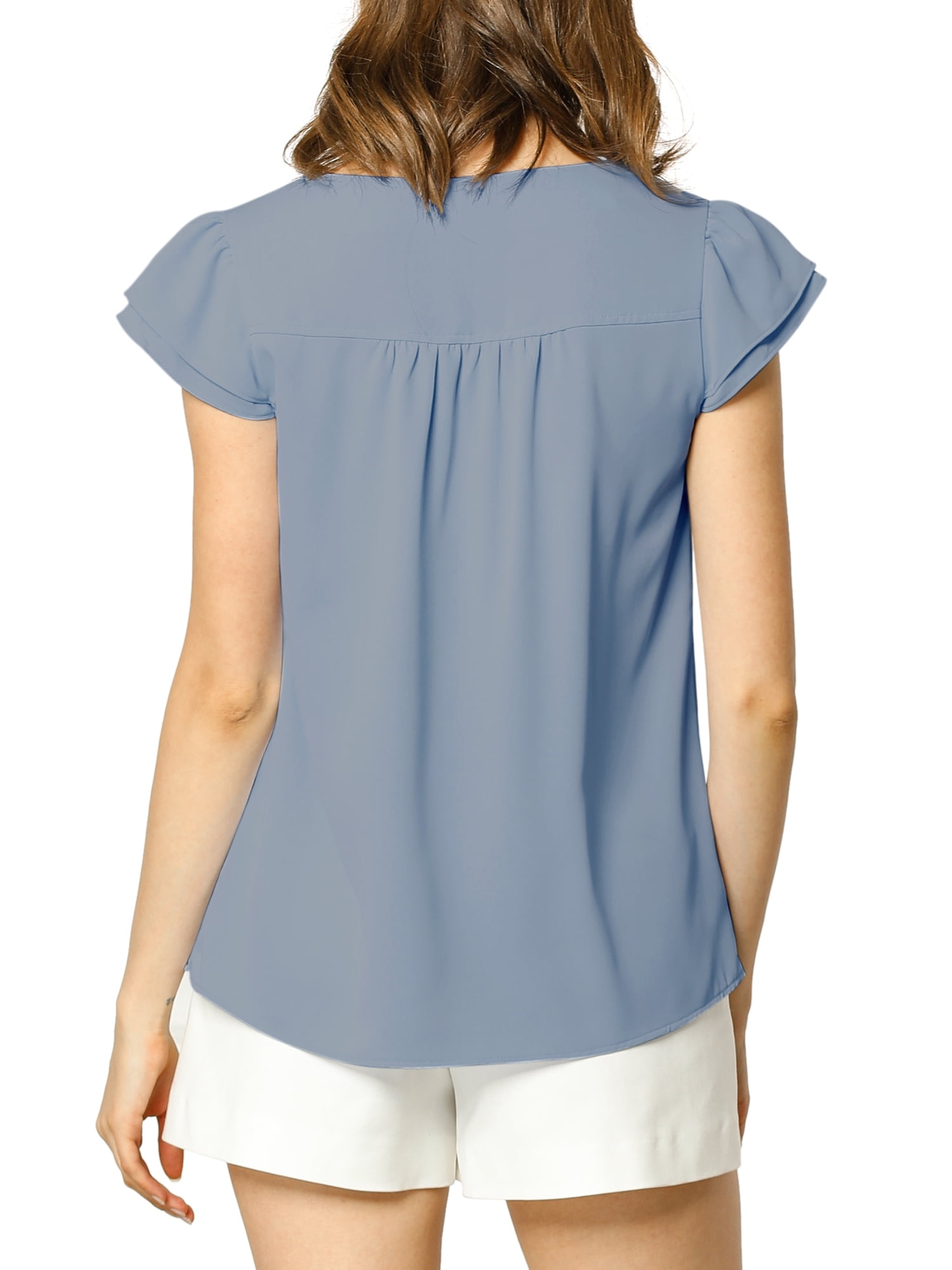 DARING DIVA Women's V Neck Casual Solid Cap Blouse Top L Dark Grey Blue