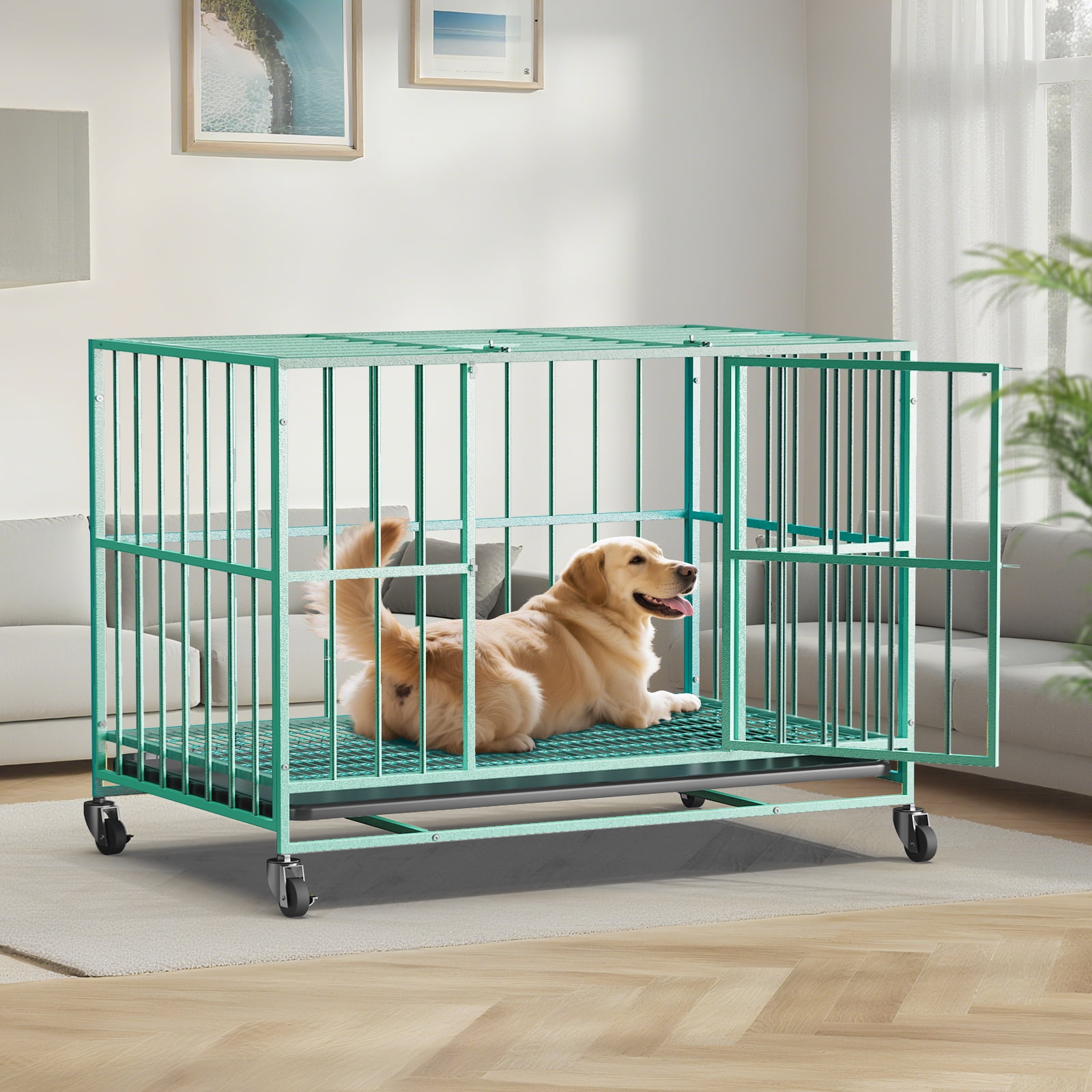TIME RAY 48 Inch Heavy Duty Indestructible High Anxiety Dog Crate Cage for Large Dog with Steel Escape Proof, Double Doors,Lockable Wheels and Removable Tray,Green