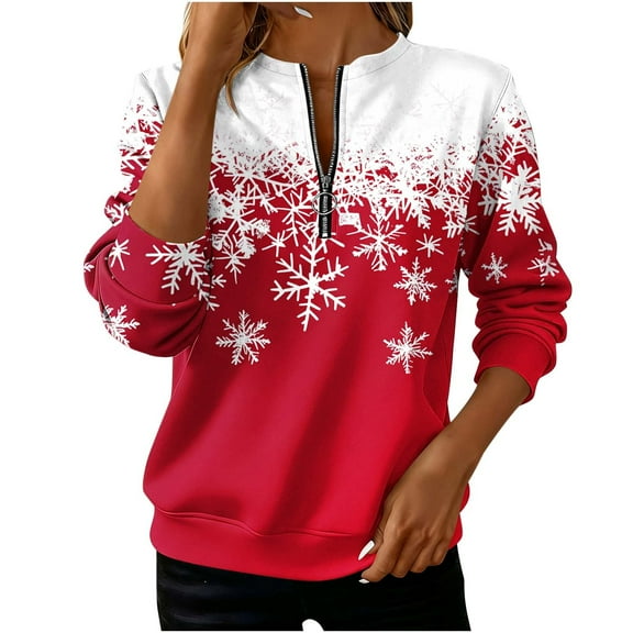 Christmas Sweatshirts for Women Quarter Zip Crewneck Long Sleeves Holiday Graphic Shirts Multicolor 2XL