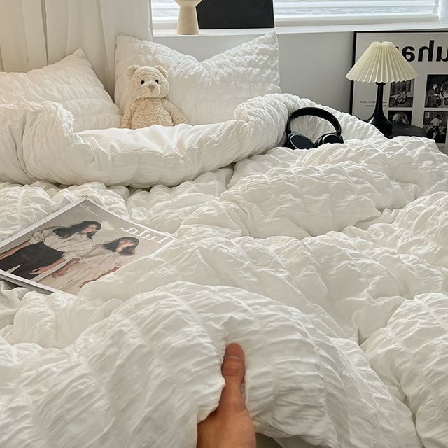 Luxury White Ruffled Seersucker Duvet Cover Soft Solid Color Bedding Set With Bed Sheet Pillowcases Single Queen King Size FGS