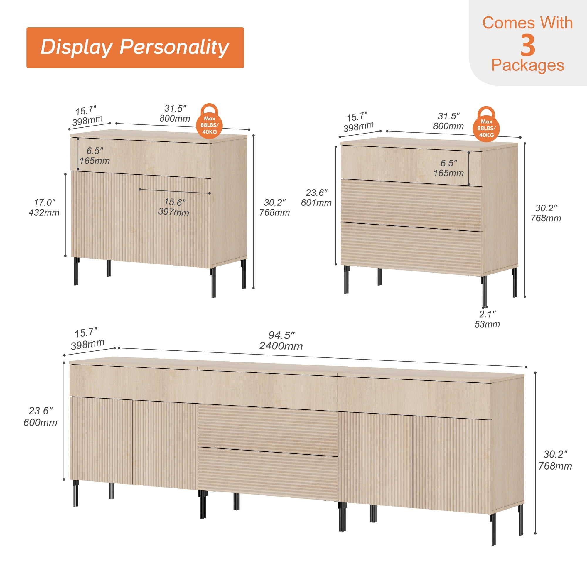 94.5" Reeded Accent Cabinet Set with Doors and Drawers, Modern Credenza Storage Cabinet with Metal Legs for Living Room, Kitchen, Dining Room, Hallway