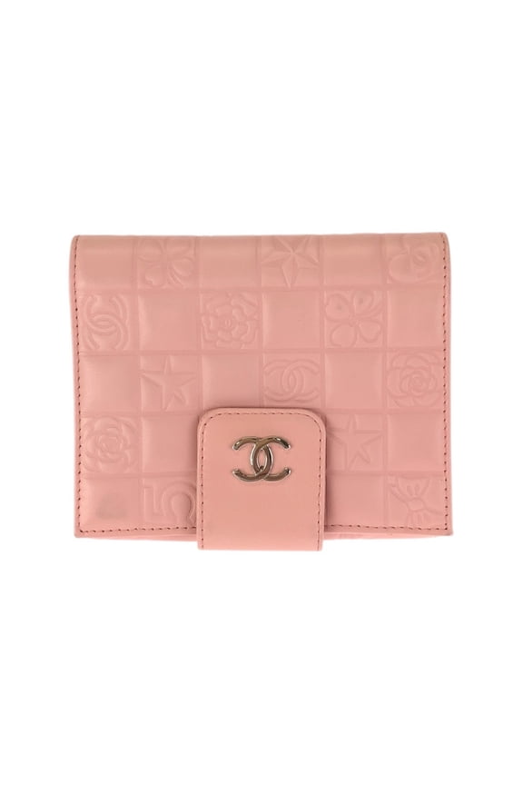 Pre-Owned CHANEL Vintage Icon Chocolate Bar Coco Mark Pink Silver Hardware Lambskin Folding...