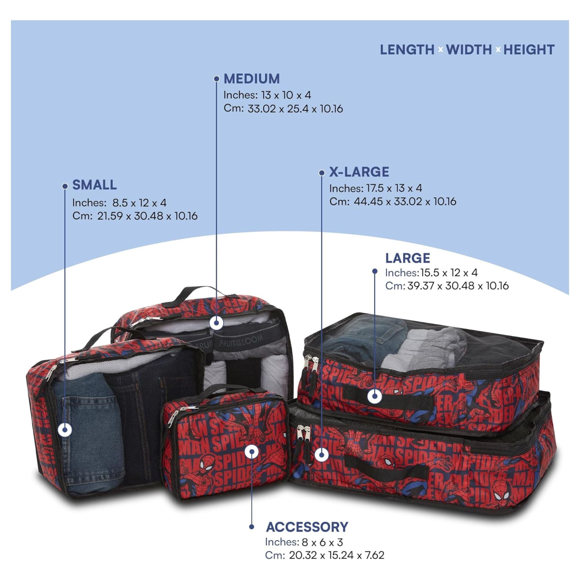 Marvel Spiderman Packing Cube Set, Luggage Organizer 5 Piece Set Travel Essential Black