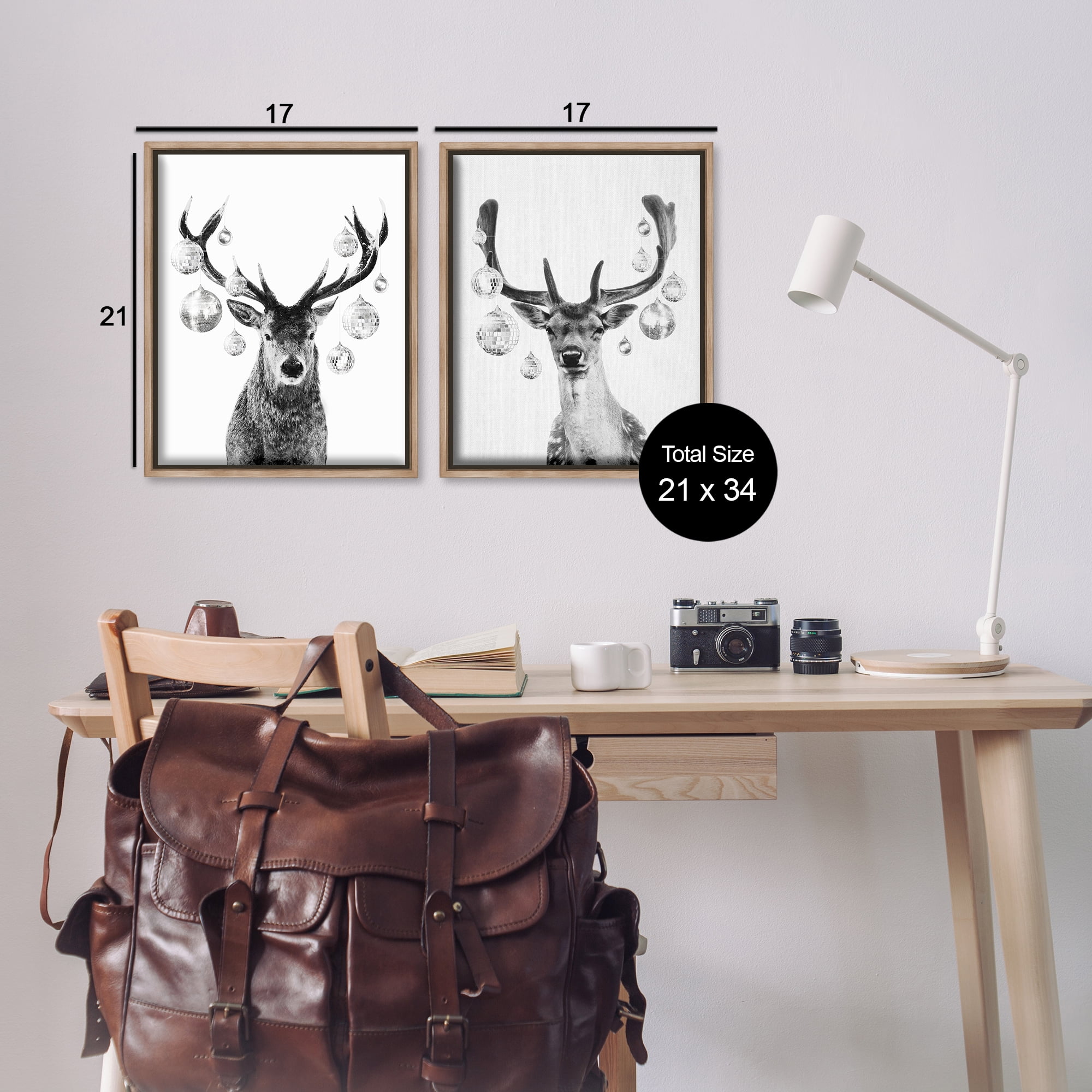 Stupell Industries Black and White Disco Deer Holiday Painting Brown Floater Framed Canvas Art Print Wall Art, 17 x 21, Set of 2