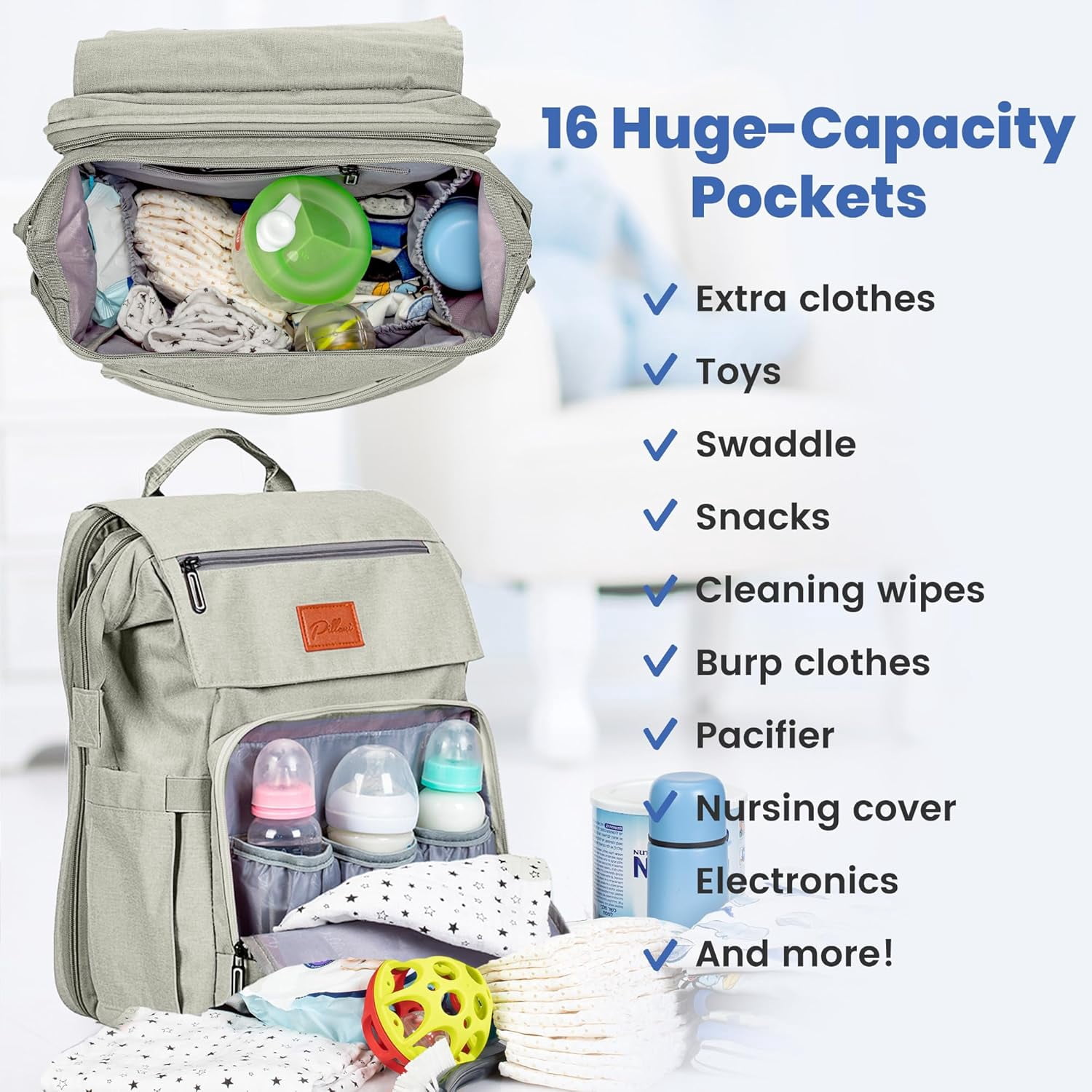 PILLANI Baby Diaper Bag Backpack - Large Bag for Boys & Girls, Waterproof Diaper Backpack - Travel Diaper Bags w/Changing Pad, Baby Registry Search & Shower Gifts - Essentials Must Haves Newborn Stuf