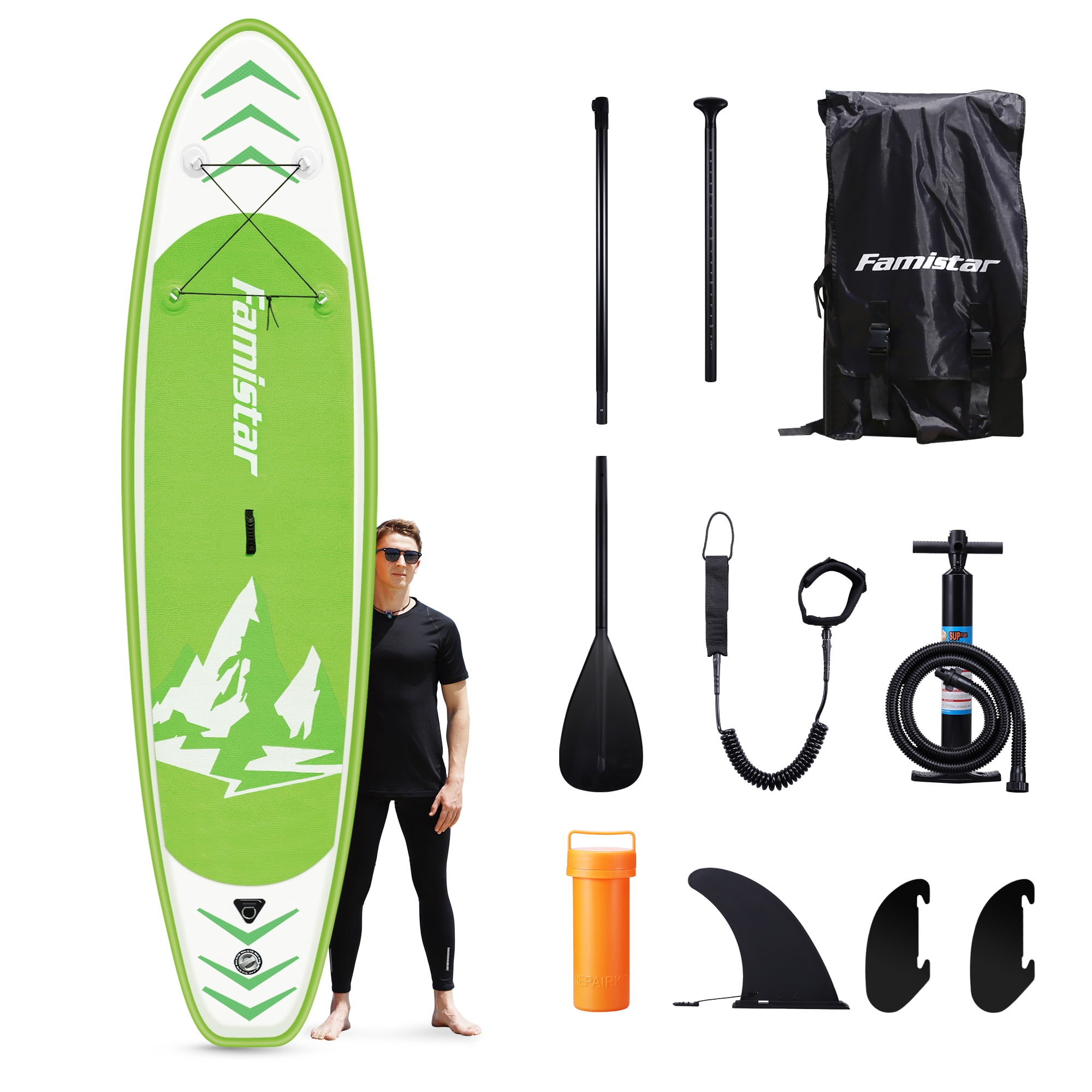 Famistar 12&amp;#39; Inflatable Stand Up Paddle Board SUP w/ 3 Fins, Adjustable Paddle, Pump &amp; Carrying Backpack