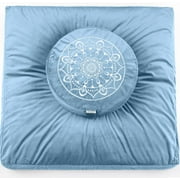 FEIRO Meditation Cushion-Traditional Tibetan Meditation Pillow with Washable Premium Velvet Cover Premium Yoga Buckwheat Bolster-Large Floor Cushion Seating for Adults,Women (Restful Blue)