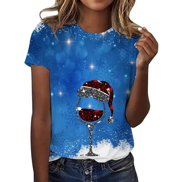 Gibobby Camiseta Navideña De La Mujer Camisetas de manga corta con cuello redondo y estampado lindo para mujer(Azul,M)