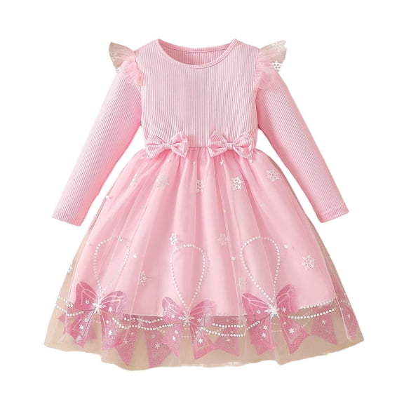 Atogsazn Kids Girls Ruffle Sleeve Dress Casual Ribbed Long Sleeve Tulle Dresses for Children Summer Princess Clothes 07-Pink 5-6 Years Fashion
