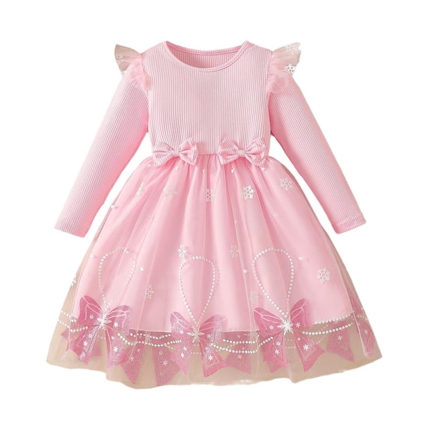 Vestido de cuello redondo y manga larga para niñas Vestido de cuello redondo y manga larga para niñas Falda de malla elegante Vestido de princesa elegante para niñas pequeñas Vestido de poliéster para