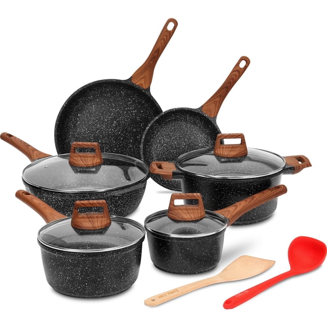 ESLITE LIFE Juego de Baterías de Cocina Antiadherentes, Juego de 12 Ollas y Sartenes con Recubrimiento de Granito, Compatible con Todas Las Placas de Cocina (Gas, Eléctricas e Inducción), Sin PFOA, Ne