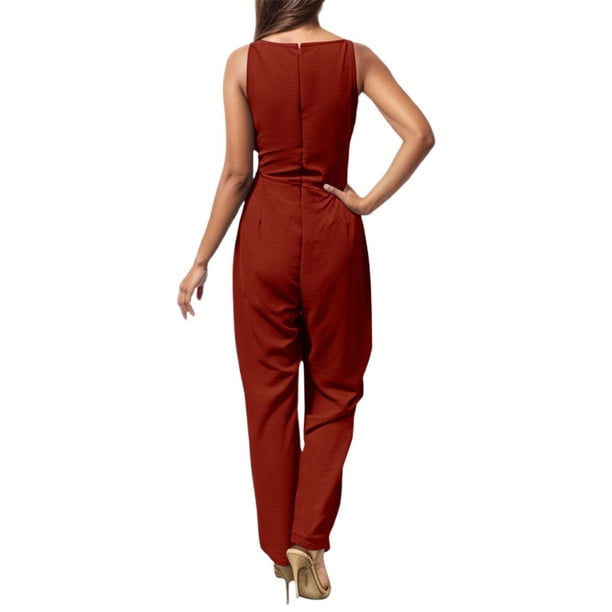 Mono sin mangas con cuello en V y pierna ancha para mujer - Mono con cintura ajustable para llevar en verano en ocasiones informales