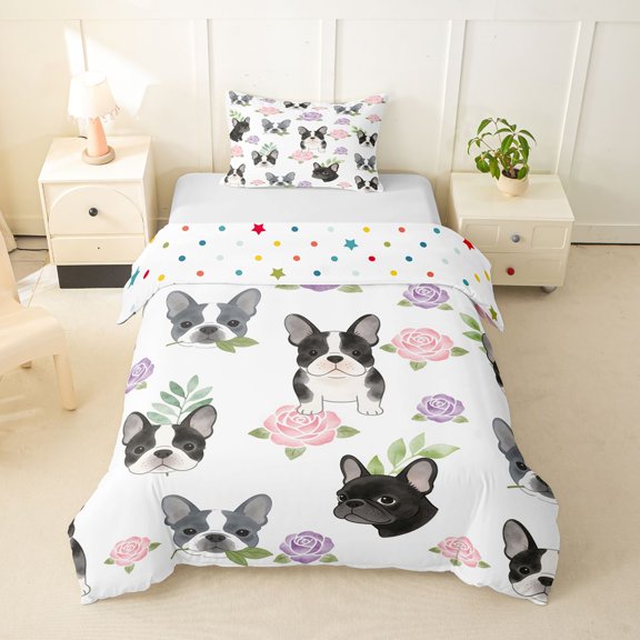 Homewish Cartoon French Bulldog Twin Duvet Cover,Pink Purple Roses Twin Bedding,White,Polkadot Reversible,2 Pieces,1 Duvet Cover and 1 Pillowcase