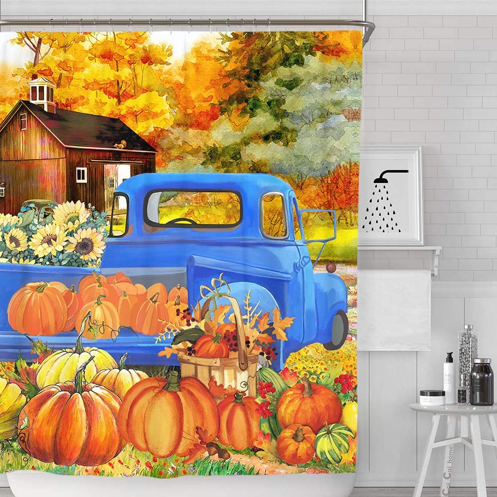 LONGRV Fall Shower Curtain for Bathroom, Autumn Blue Truck Waterproof