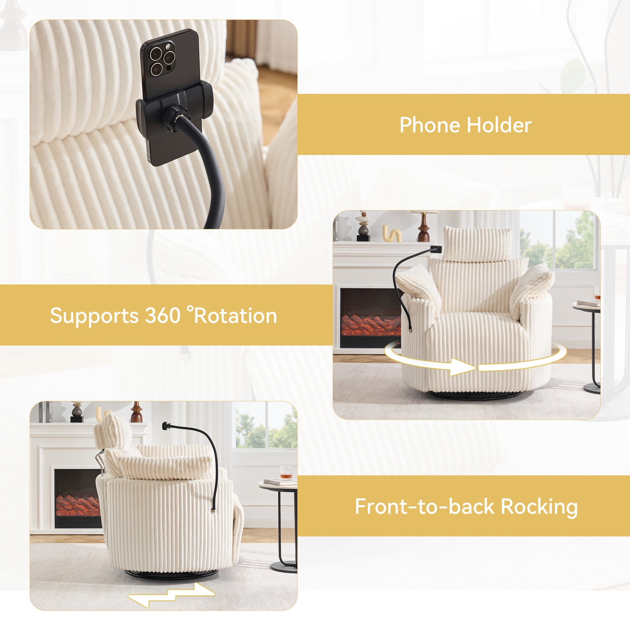 Noble House Sigrid 360° Swivel Rocking Recliner Chair, Electric Power Adjustable Corduroy Armchair with USB, White