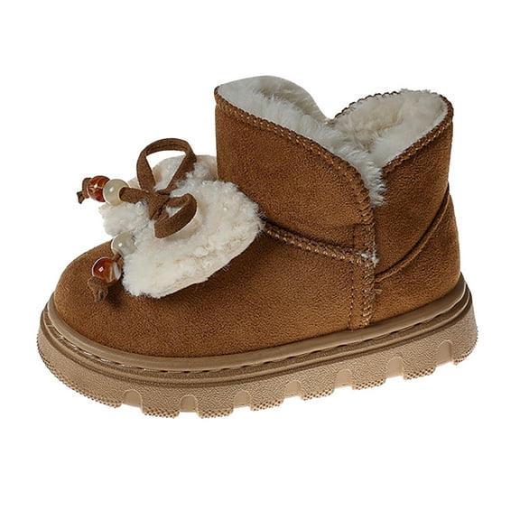 Quealent Baby Moccasins with Furry Fleece Rubber Soles Warm Snow Boots Leather Baby Shoes for Boys Girls Khaki for Size 9
