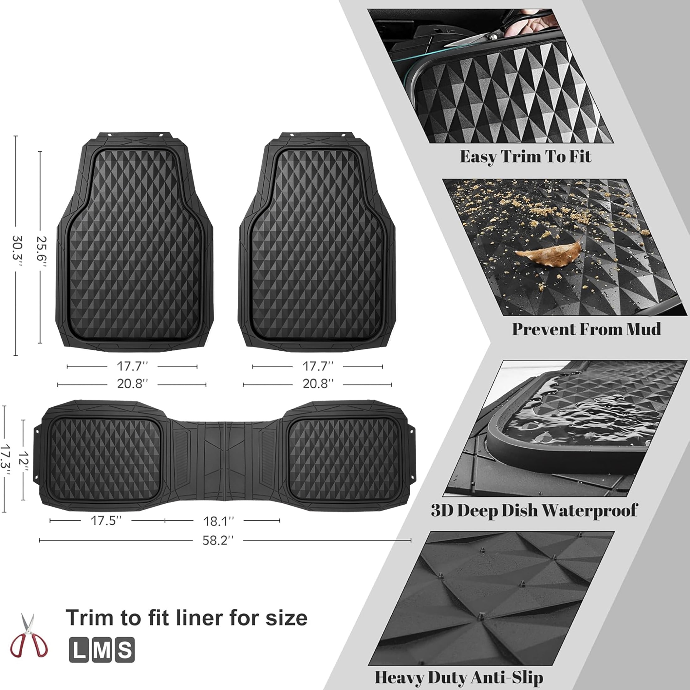 Ozark Trail 3-Piece Black Deep Dish Rubber Car Floor Mats, Anti-Slip 3D Rhombus Waterproof, All Weather Universal Trim-to Fit for Car, SUV and Truck Mats