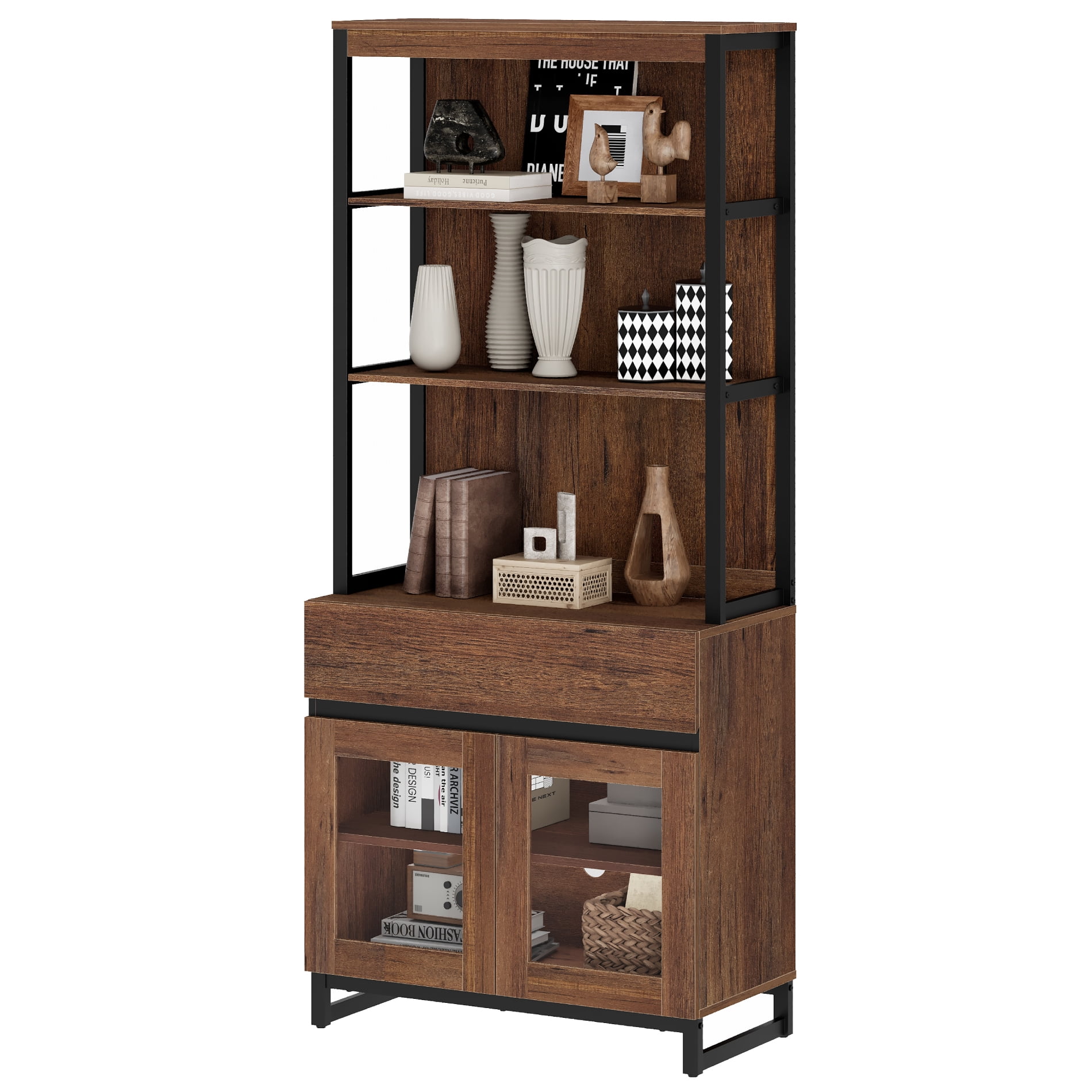 WAMPAT Modern 72" Tall Freestanding Bookcase,1 Drawer & Open Shelves with Glass Door Storage Cabinet, Wood Library Bookshelf for Home Office & Living Room
