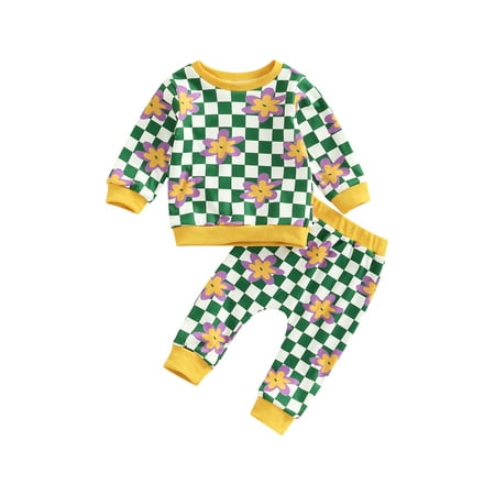 

Bagilaanoe 2Pcs Newborn Baby Girl Long Pants Set Floral Checkerboard Print Long Sleeve Sweatshirt Pullover Tops + Jogger Trousers 3M 6M 12M 18M Infant Fall Casual Sweatsuit