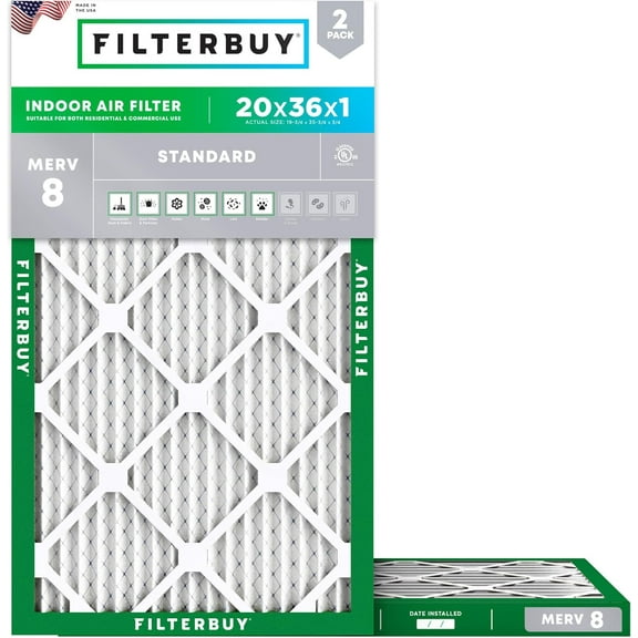 Filterbuy 20x36x1 MERV 8 Dust Defense, Pleated HVAC AC Furnace Air Filters (2-Pack)