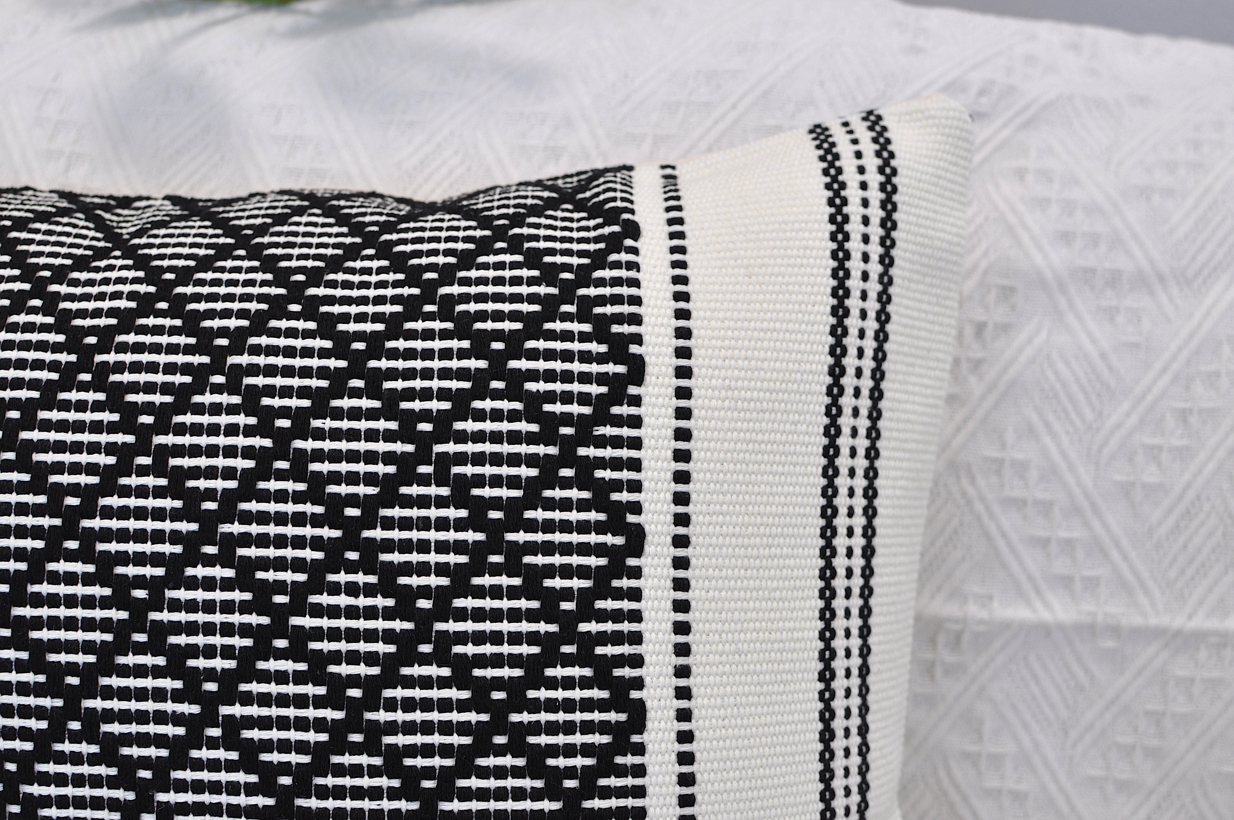 Cotton Woven Designer Lumbar Throw Pillow Covers Black and White, 12 x 20 inches | Oblong Small Rectangular Pillow Cases Set of 2