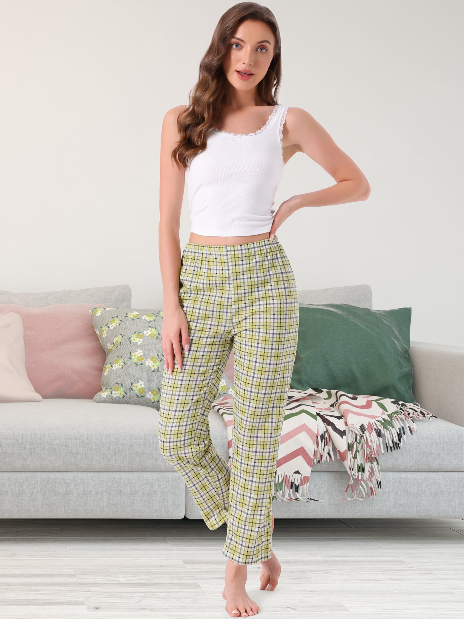DARING DIVA Women's Cotton Plaid Elastic Waist with Pocket Lounge Pants 2XL Yellow Plaid