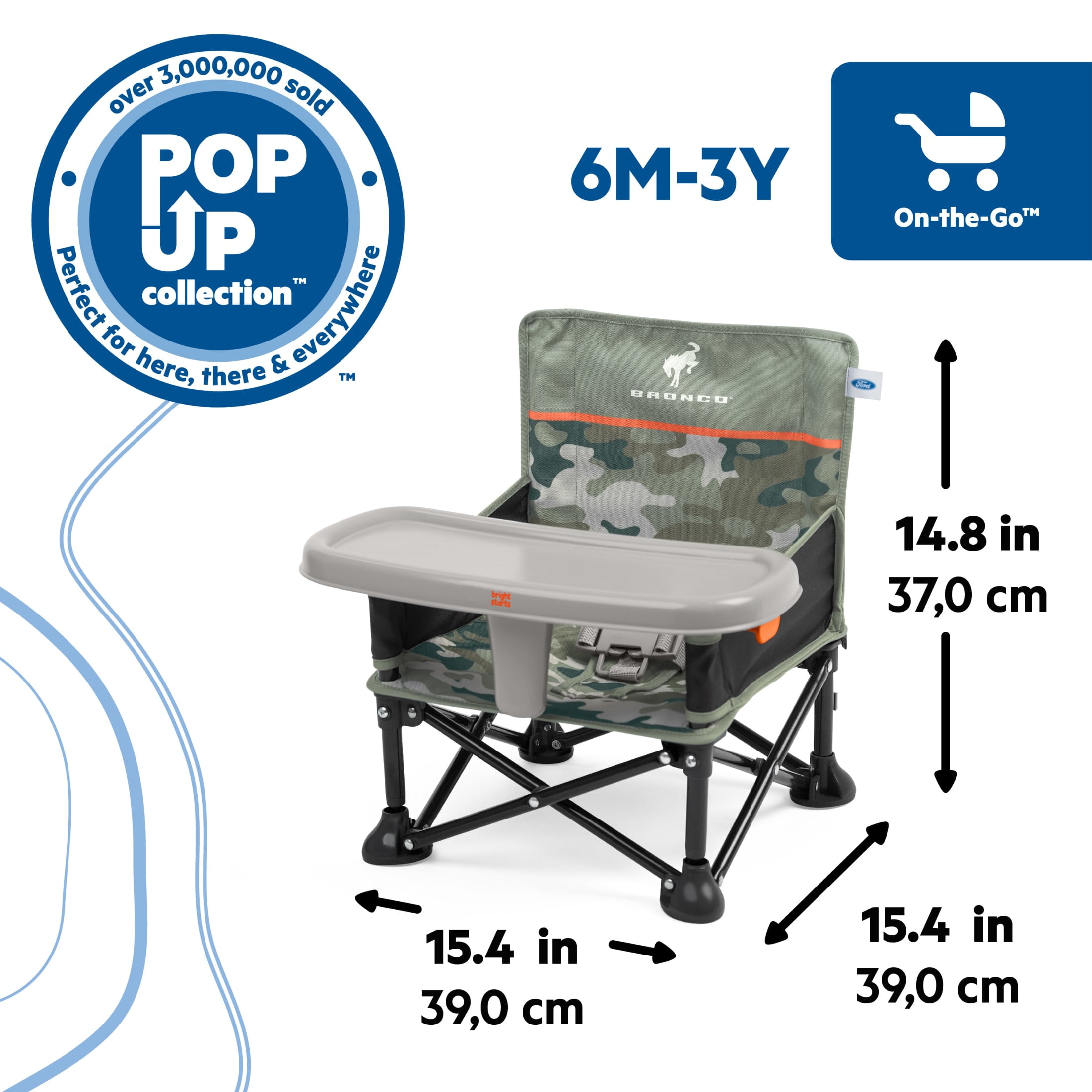 Ford Bronco Pop 'N Sit Portable Booster Chair by Bright Starts, Camo, Unisex, Infant to Toddler