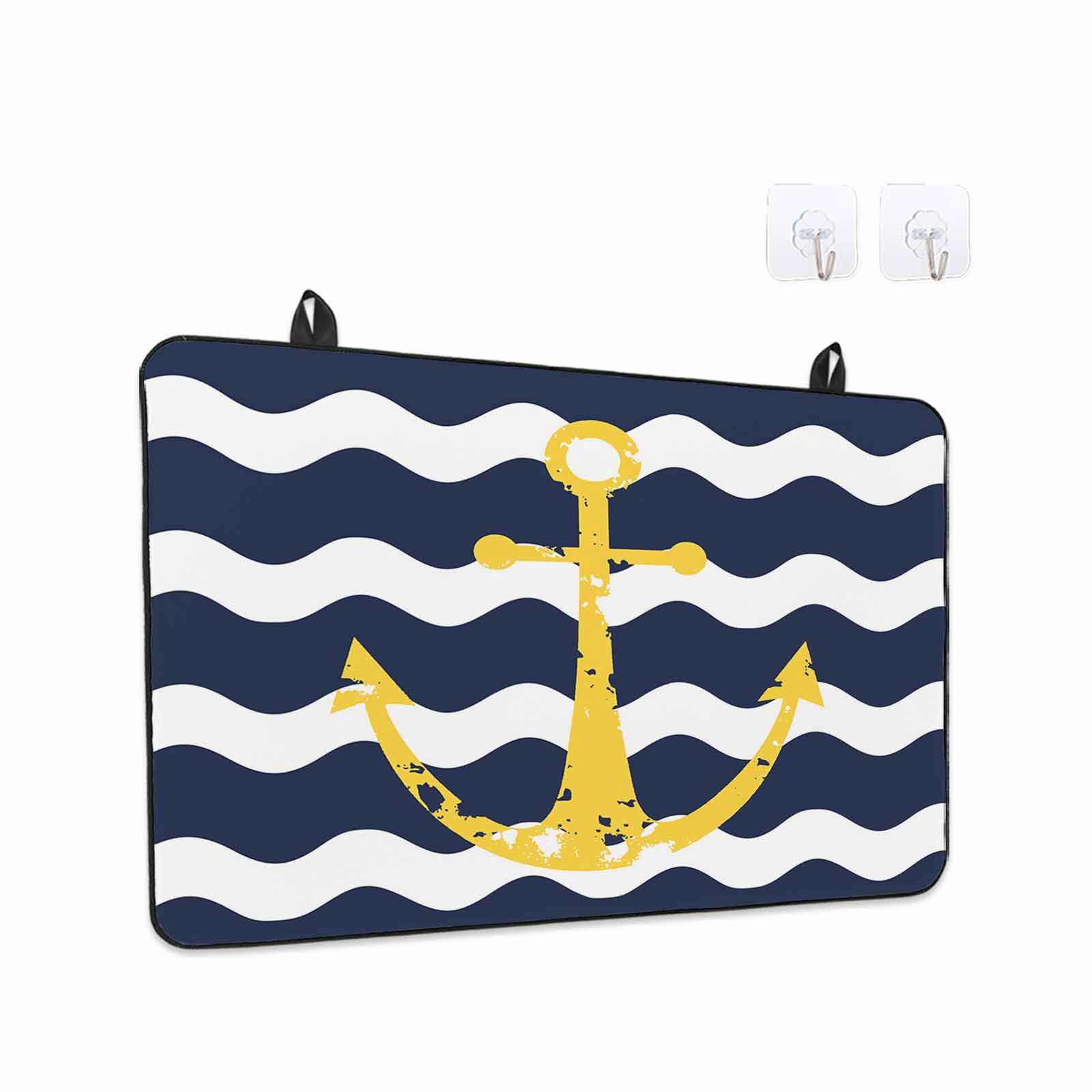 Navy Ripple Stove Top Cover for Electric Stove, Heat-proof & Non Slip Glass Top Stove Cover Protector, Yellow Anchor Navy White Waves Aesthetics Kitchen Flat Cooktop Rubber Mat 24x21 Inches