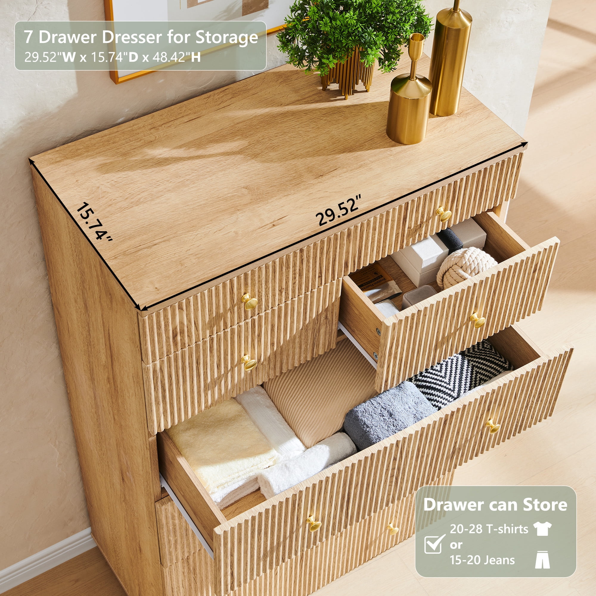 wow97e Fluted 7 Drawers Dresser for bedroom, Wood Chest of Drawers with Deep Storage, Tall Modern Bedroom Chest for Closet Hallway, Entryway, Living Room