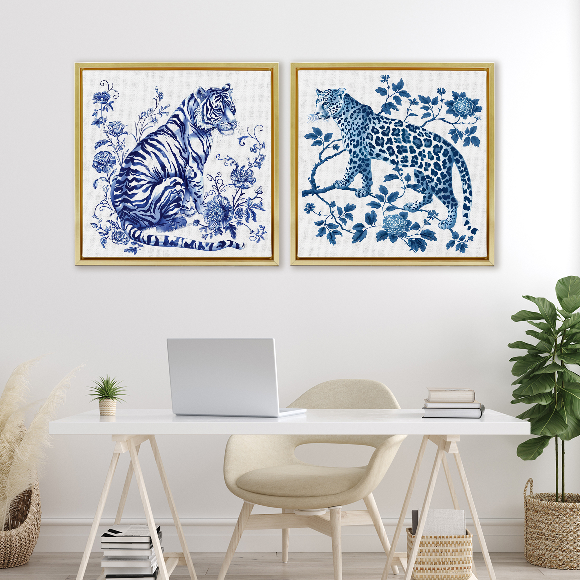 Ornate & Detailed Large Cats 2 Piece Gold Framed Floater Canvas Set, design by Lettered and Lined