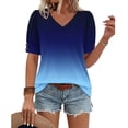 thumbnail image 5 of VEKDONE Womens Gradient Color Tops Casual Button Short Sleeve V Neck Shirts Summer Loose Fit Lightweight Tunic Tops Fashion Basic Blouse Pullover Top Blue XL, 5 of 5