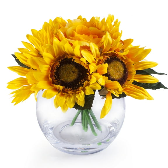 Enova Home Yellow Mixed Sunflower and Rose Silk Flower Arrangement in Clear Glass Vase With Faux Water