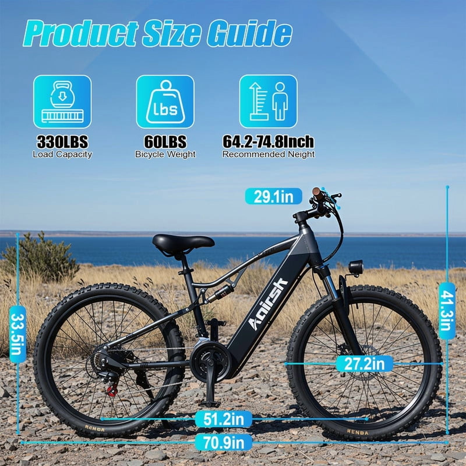 Aairsk XT90 1500W Peek Motor 28MPH Ebike For Adults,48V 20AH Battery,26" Electric Bike With Full Suspension UL2849