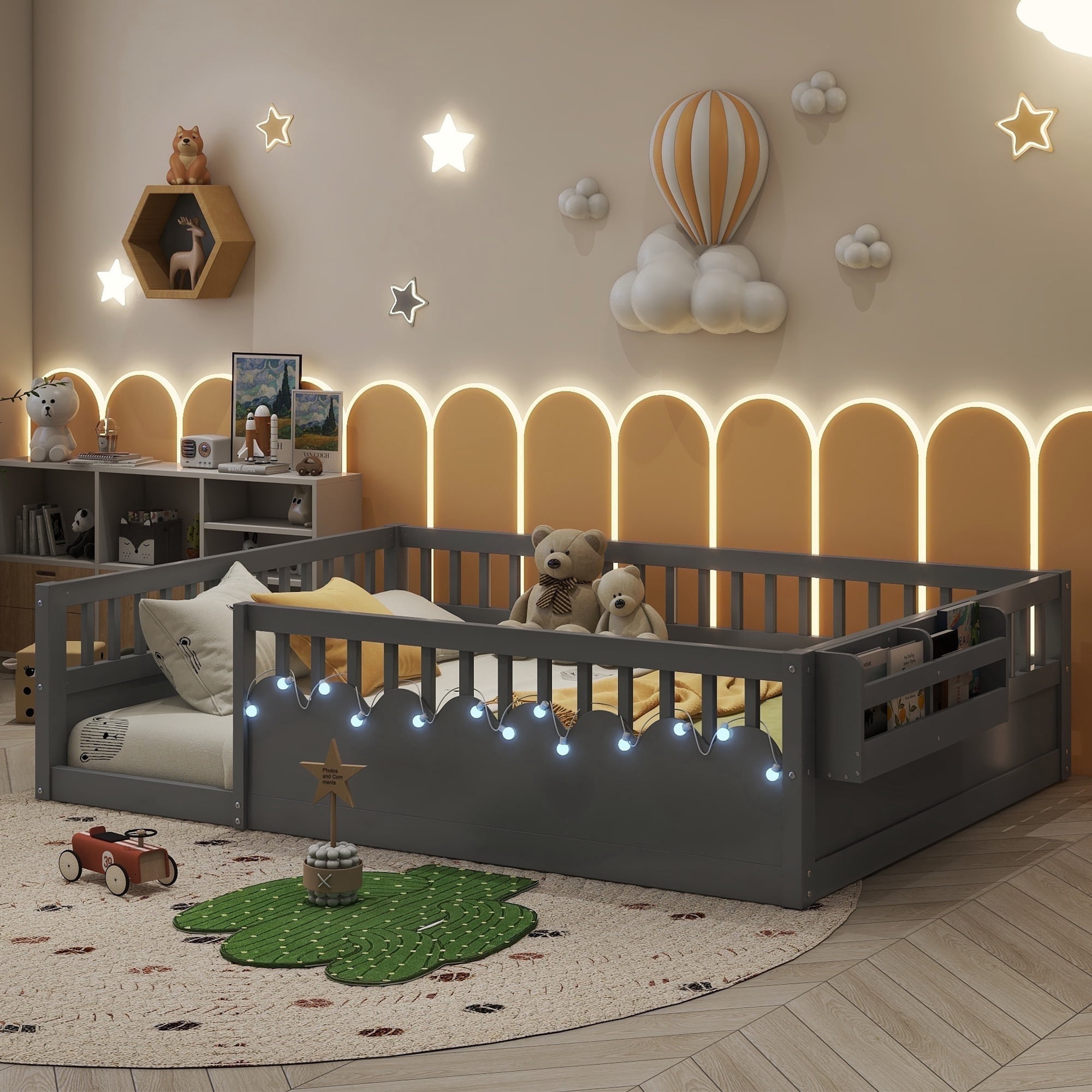 Full Size Toddler Floor Bed Frame, Montessori Floor Bed with Guardrails, Pine Wood Bed Frame for Kids, No Slats Included, Gray