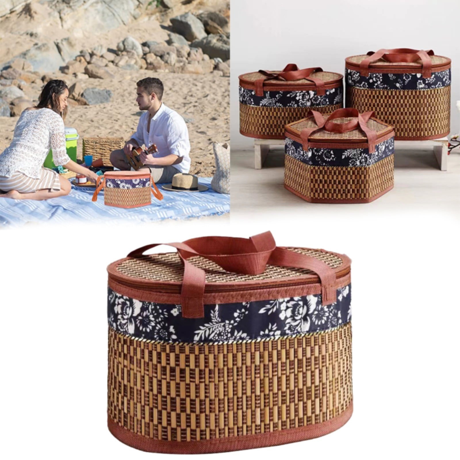 Wicker Picnic Basket with Lid, Folding Fruit Basket with Handles Food Storage Basket for Outdoor Picnic, Woven Basket Wicker Storage Bag (3 Size Options)