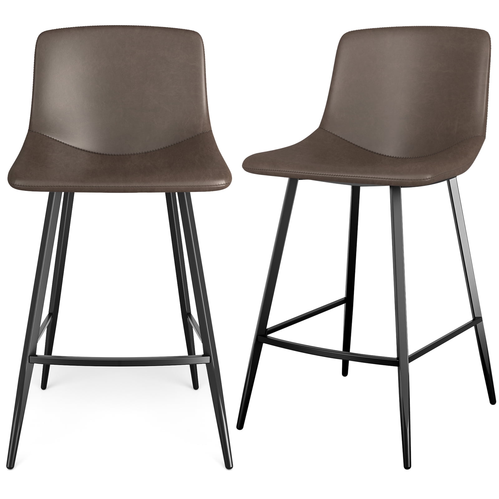24" Faux Leather Bar Stools with Backs, Brown, Set of 2