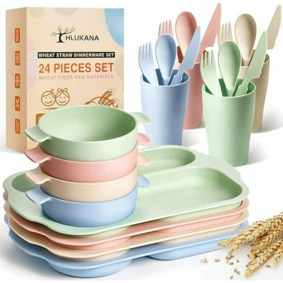 24 Pcs Wheat Straw Dinnerware Cutlery Set, Unbreakable Tableware Set, Including Kids Toddlers Divided Plates, Bowls, Cup, Cutlery Spoons Knifes Forks, BPA Free, Microwave Dishwasher Safe$$