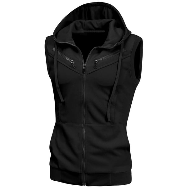 Chaleco sin mangas con capucy corte ajustado pahombre Chaquecon cordón y cremallecon bolsillos Negro 3XL