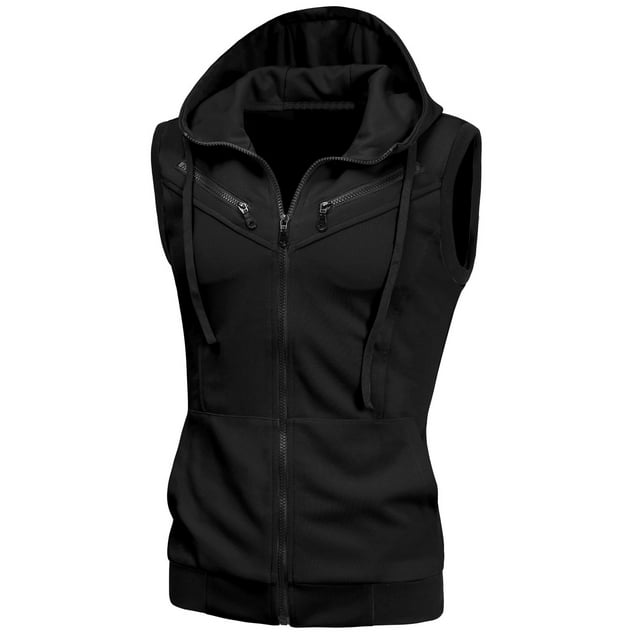 Chaleco sin mangas con capucy corte ajustado pahombre Chaquecon cordón y cremallecon bolsillos Negro 3XL