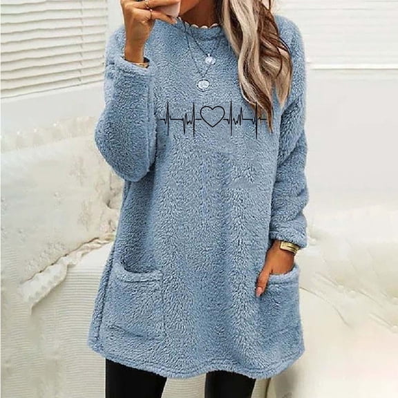 Aboser Fuzzy Fleece Sweatshirt Women Thermal Casual Loungewear Fluffy Sherpa Long Pullover Tops Cozy Soft Long Sleeve Sweatshirts Shaggy Crew Neck Dailywear with Pockets